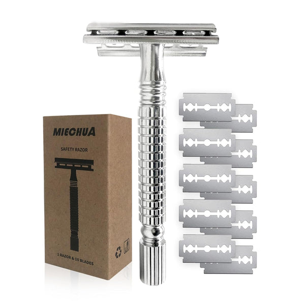 Safety Razor for Men and Women, Reusable Metal Razors with 10 Platinum Blades for Sustainable Shaving