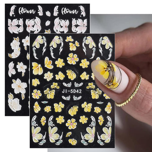 Flower Nail Art Stickers Decals - 5D Embossed Spring Design in Yellow, Pink, and White for Nail Decorations
