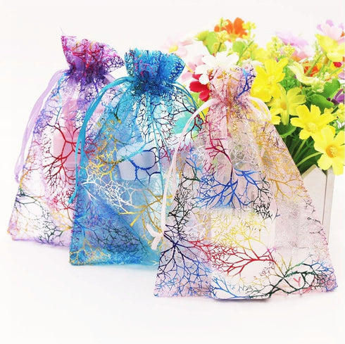 Stratalife 50PCS Organza Jewelry Gift Bag 4x6 Inches Purple Coralline Pattern Drawstring Pouches for Party Favor