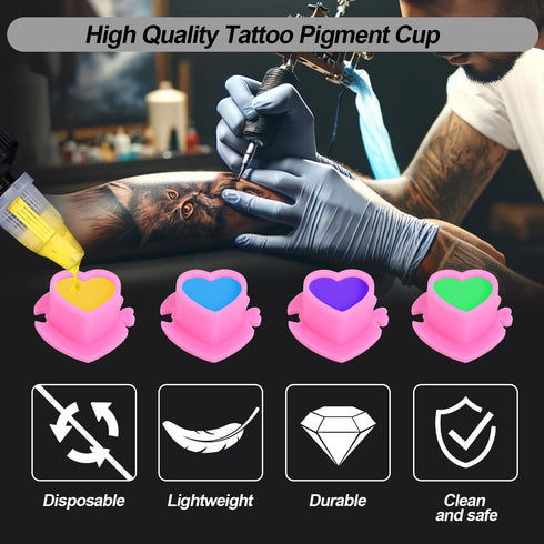 200PCS Heart Shaped Tattoo Ink Caps, Disposable Plastic Ink Cups with Base for Tattooing and Permanent Makeup