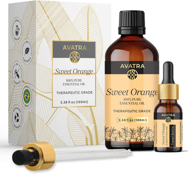 Avatra Orange Essential Oil for Diffuser, Skin, Aromatherapy | Natural & Undiluted | 3.38 Fl Oz with Glass Dropper