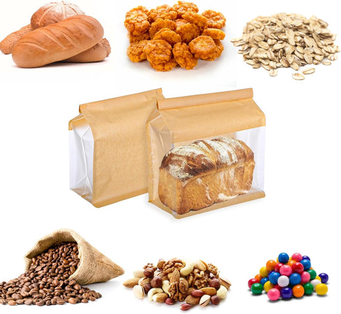 Limbeuuu 100 Packaging 11.2 4.3 8.7 Pcs Heavy Duty Large Paper Bread Bags with Tin Tie Tab Lock, Loaf Bag with Clear