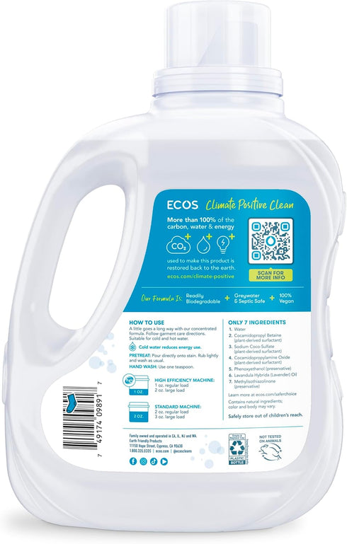 ECOS Laundry Detergent Liquid, 100 Loads, Hypoallergenic, Plant-Powered, Lavender, 100 Fl Oz