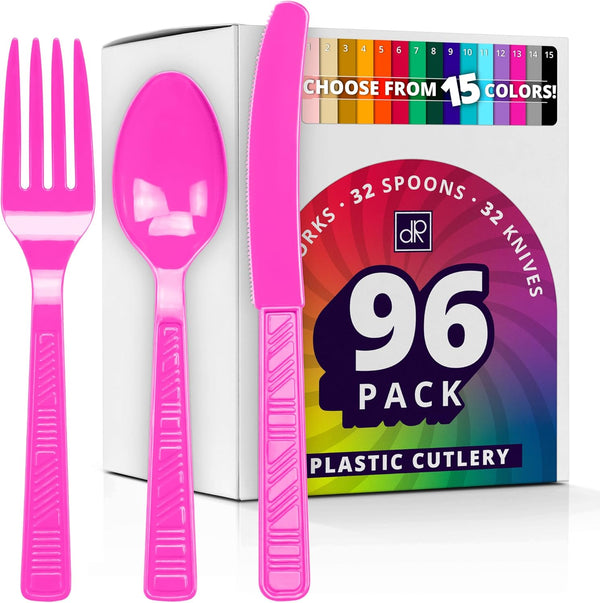 DecorRack Plastic Cutlery Set, Fuchsia Pink Colored Plastic Silverware Sets for Parties, 96 Piece Bulk Heavy Duty