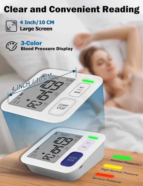 Blood Pressure Monitor, Upper Arm Cuff with 9"-17" Large Cuff, 4" Screen Automatic Digital BP Machine for Home Use