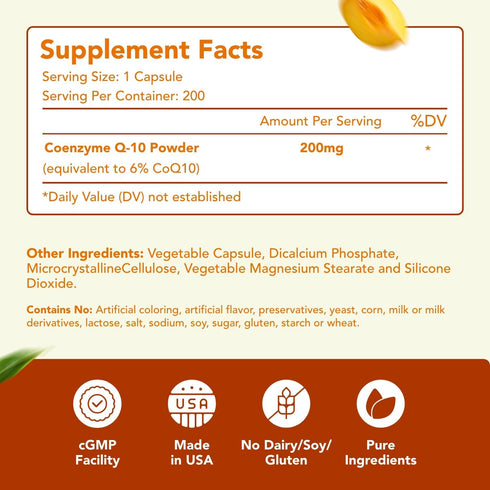 Coenzyme Q10 200mg Supplement - Once Daily CoQ10 Powder Capsules for Heart Health, Antioxidant Support