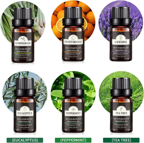 HimAoto Set, 6 Pack, 10ml Essential Oils (Lavender, Peppermint, Lemongrass, Eucalyptus, Sweet Orange, Tea Tree)