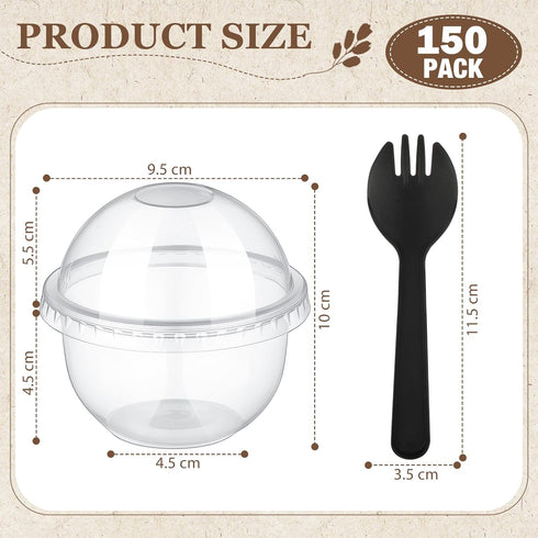 Jingmore 150 Pack 8.45 oz Fruit Cups with Lid Clear Plastic Cups with Dome Lids and Spoons Business Clear Dessert Mini