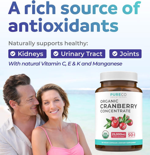 USDA Organic Cranberry Pills - 50:1 Concentrate Equals 25,000mg of Fresh Cranberries for Urinary Tract Health, 120