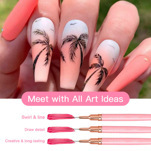 Nail Art Liner Brushes, 5Pcs Painting Brush Set for Long Lines, Thin Details, Fine Drawing Sizes 4/8/12/20/25mm (Pink)