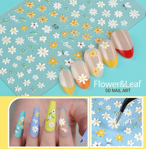 Teenitor 12 Sheets Self-Adhesive Nail Art Sticker, 5D Embossed Flower Nail Decals, 5 Boxes Glitter Sequins Flakes
