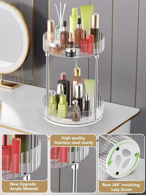 WNYT 2 Tiers Rotating Makeup Organizer, 360° Acrylic Storage for Vanity Countertop, Dresser Bathroom Organizers
