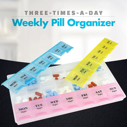 Weekly Pill Organizer - 21 Day Pill Planners for Vitamins, Pills & Medication, Easy to Read & Travel Friendly