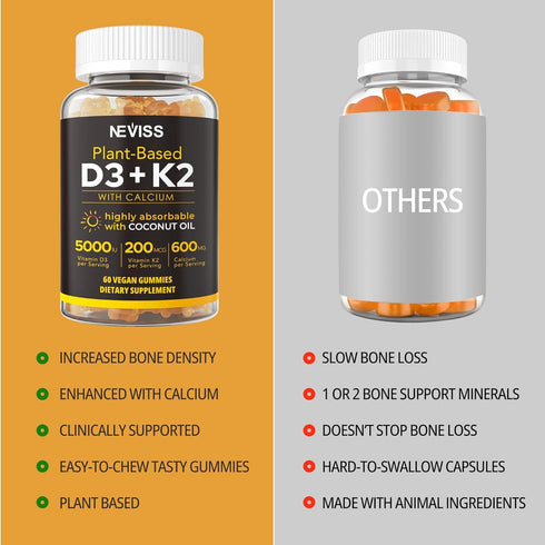 Vitamin D3 5000iu & K2 (as MK7) 200mcg Gummies + 600mg Calcium - High Absorption, Maximum Strength Vitamin D3 K2
