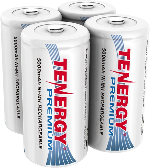 Tenergy Premium Rechargeable C Batteries, 5000mAh NiMH, C Size, 4-Pack