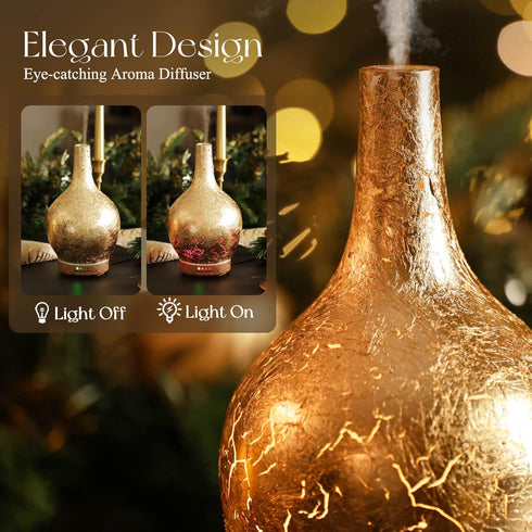 Setting, 150ml Porseme Gold Plated Essential Oil Diffuser Glass Aromatherapy Ultrasonic Humidifier, Auto Shut-Off,Timer
