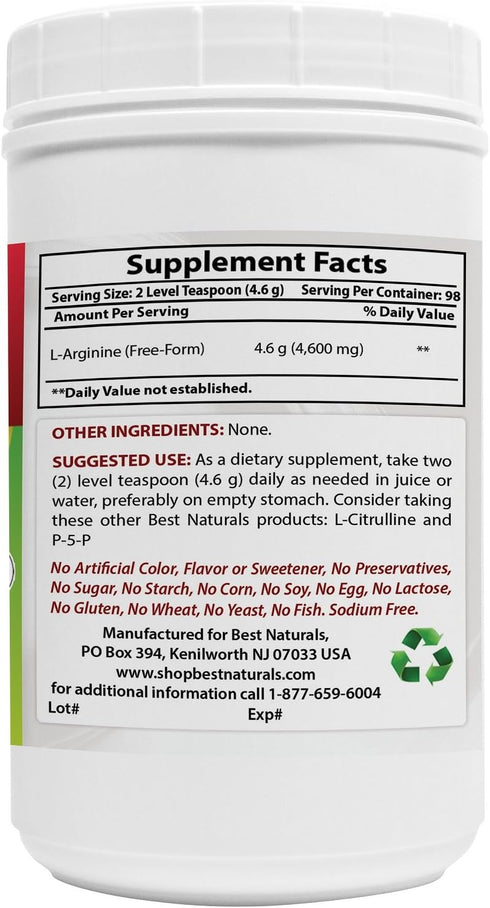 Best Naturals L-Arginine Powder 1 Pound - Pure Pharmaceutical Grade Free Form - Best Amino Acid Arginine Supplements