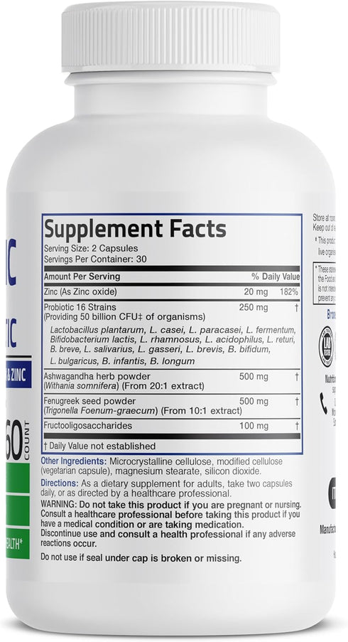 Bronson Men's Probiotic 50 Billion CFU Plus Prebiotic with Ashwagandha, Fenugreek & Zinc, Supports Healthy Digestion & Immune Function Non-GMO, 60 Vegetarian Capsules