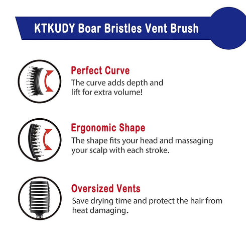 KTKUDY Detangling Hair Brush - Boar Bristle & Tangle-Free Design for Kids, Women, Men (Black)