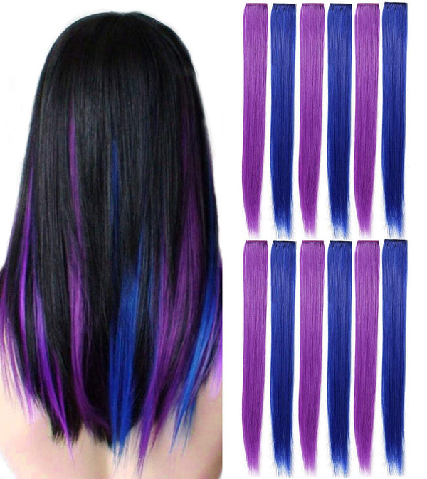 YaFex 12 Pcs 22 Inch Clip in Hair Extensions, Long Straight Colored Hairpieces for Women Kids Girls (Purple + Sapphire