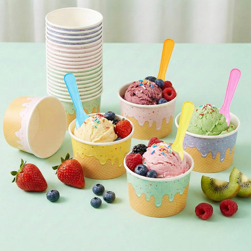 Jingmore 240 Set 8 oz Summer Paper Ice Cream Cups Bulk with Spoons Disposable Sundae Bowls Colorful Paper Dessert Cups