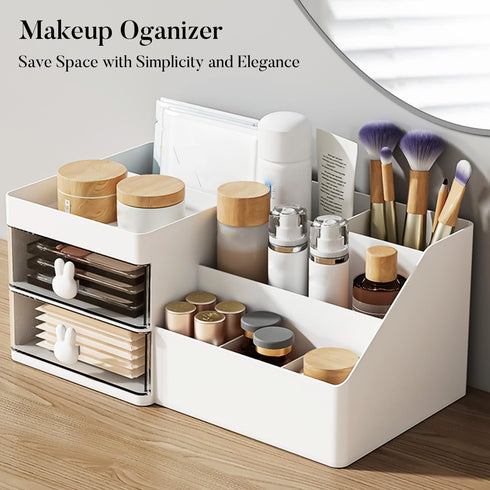 Makeup Organizer - Cosmetic Desk Storage Box with Drawers for Brushes, Lotions, Lipstick, Perfume, Bathroom Counter
