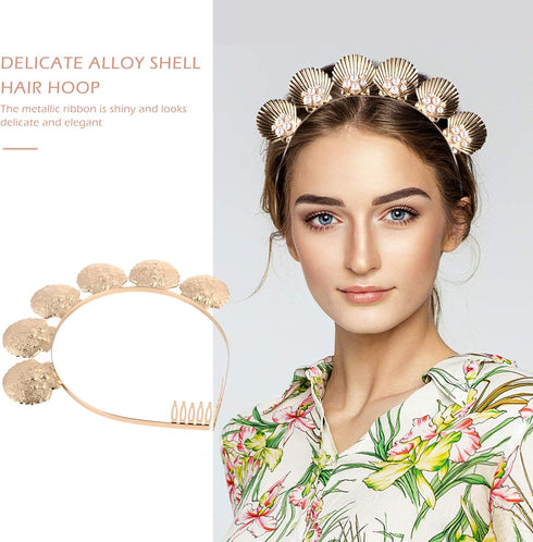 Minkissy Shell Pearl Headband Gold Seashell Crown Goddess Pearl Tiara with Comb for Women Girls Wedding Christmas Cosplay Party Headwear Favor Ornaments