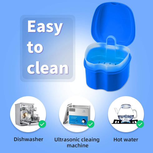 Denture Cup Dental Retainer Case - Dark Blue Cleaning Holder with Strainer Basket for Mouthguard Storage