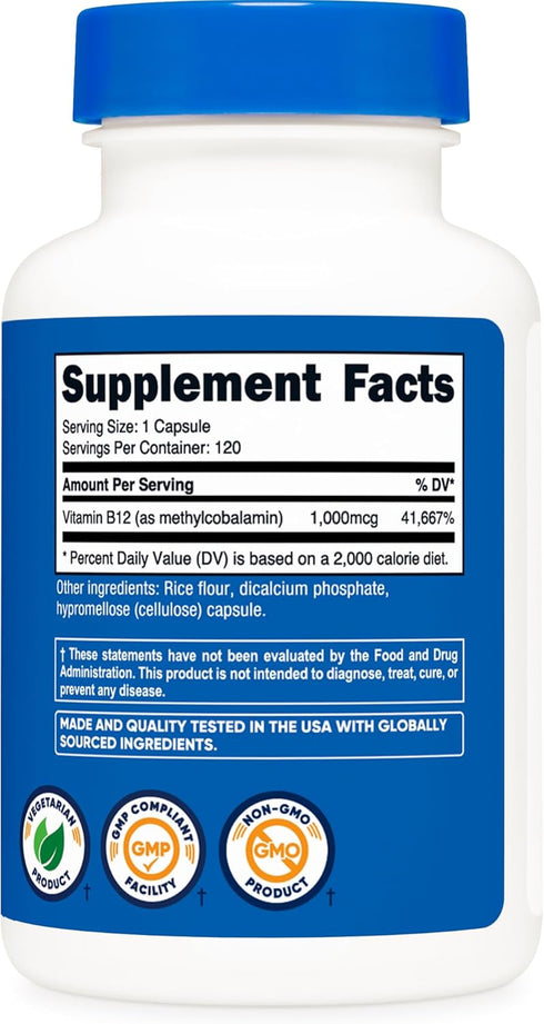 Nutricost Vitamin B12 (Methylcobalamin) 1000mcg, 120 Capsules - Vegetarian, Non-GMO & Gluten Free
