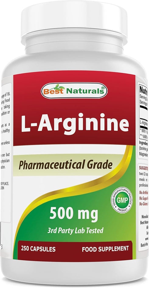 Best Naturals L-Arginine 500mg, 250 Capsules, Pharmaceutical Grade L Arginine Supplement