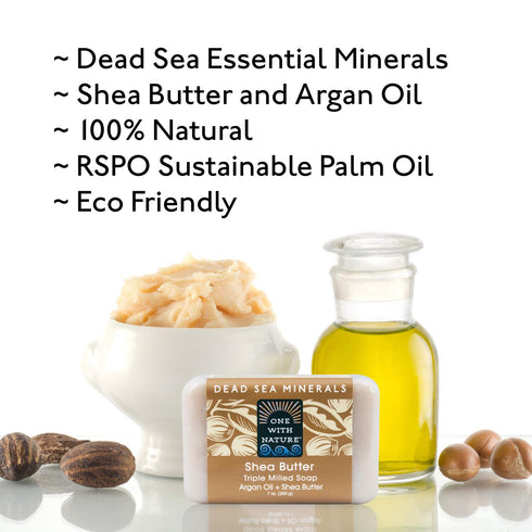 One With Nature Dead Sea Mineral Shea Butter Soap with Argan Oil 4oz 3Pack - Dead Sea Salt Includes Sulfur, Magnesium, and 21 Essential Minerals - 100% Natural, Ideal for All Skin Types