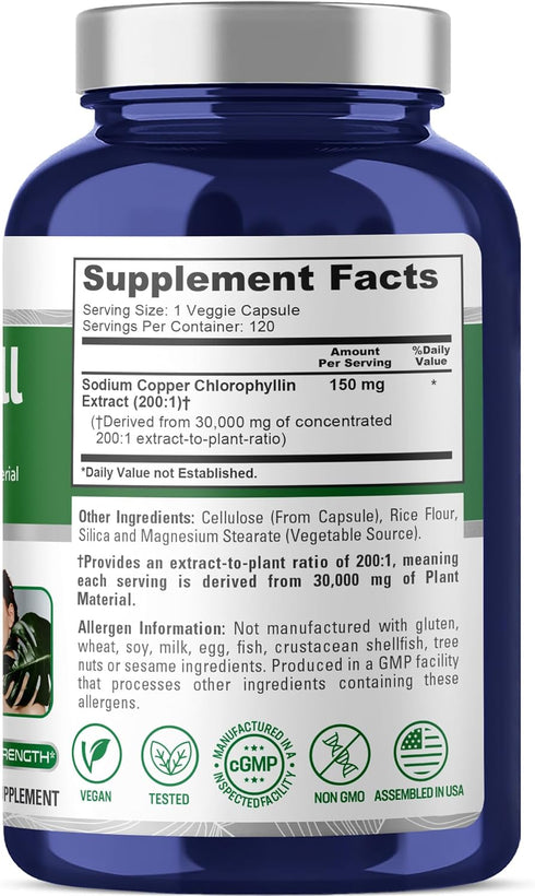 NusaPure Chlorophyll 200:1 Extract - 150 mg Equivalent to 30,000 mg per Capsule, 120 Vegetarian Caps