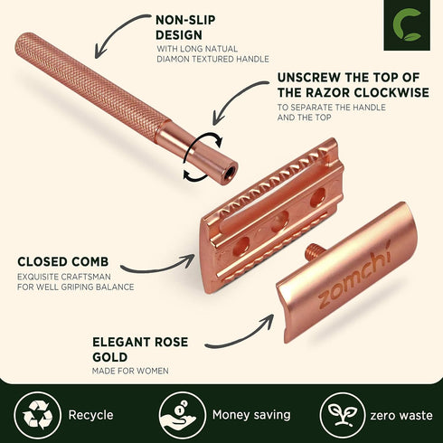 ZOMCHI Safety Razor for Men & Women with 5 Double Edge Blades, Reusable Plastic Free Razor - Rose Gold