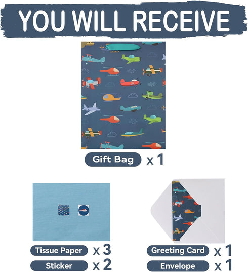 wishinside 13 Set 1 Large Helicopter Plane Gift Bag with Handles, Greeting Card, Tissue Papers and Stickers for Boys