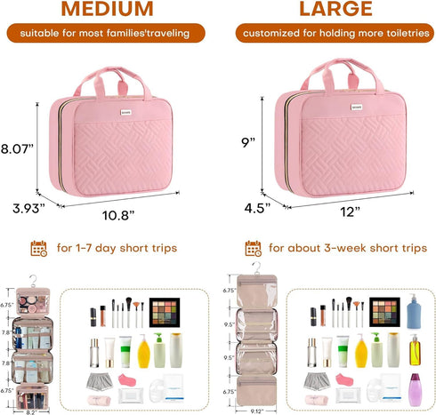 Travel Toiletry Bag with Hanging Hook, Water-Resistant Makeup Organizer for Accessories, Full-Size Shampoo