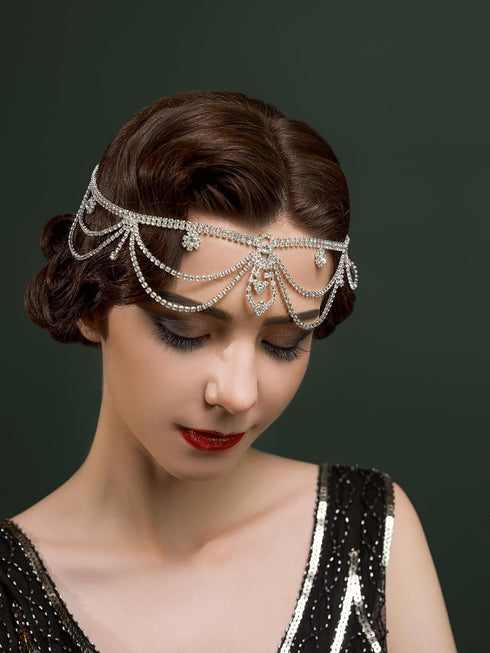 SWEETV Roaring 20s Crystal Rhinestone Head Chain Jewelry, Silver Headpiece Hair Accessories