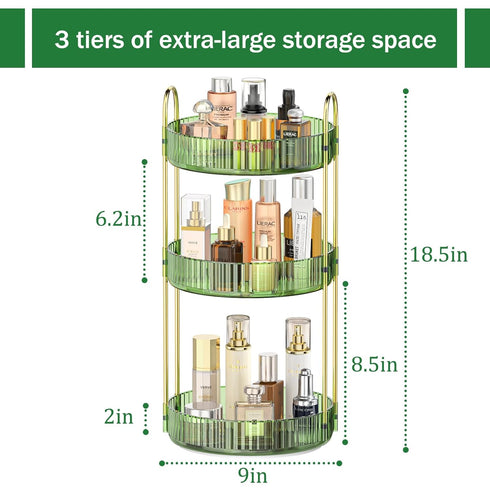 Mokani 360 Rotating Makeup Organizer, 3 Tier Adjustable Perfume Organizer for Vanity, Green