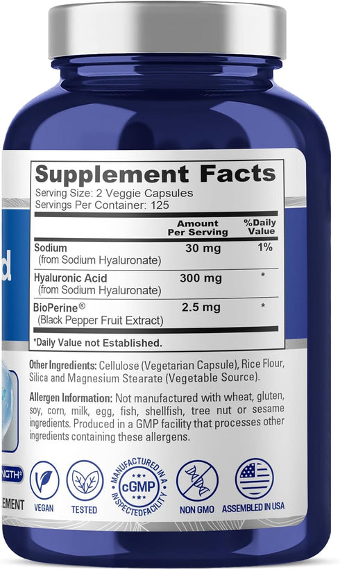 NusaPure Hyaluronic Acid 300mg, 250 Veggie Capsules, Non-GMO, Vegan