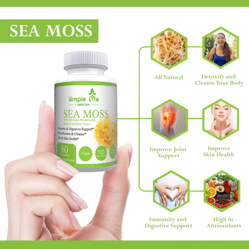 Organic Irish Sea Moss Capsules 1400MG with Burdock Root, Bladderwrack & Black Pepper, 60CT Supplement