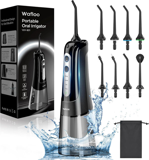 Cordless Water Dental Flosser for Teeth, 8 Jet Tips, 300ML Tank, Portable Oral Irrigator (Black)
