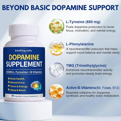 Smelling salts 650mg 90 Dopamine Supplement Supports Mood, Focus, Sleep & Motivation L-Tyrosine & B Vitamins Dopamine