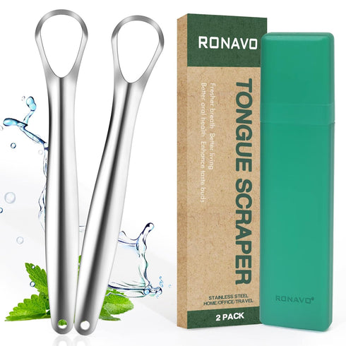 RONAVO Tongue Scraper for Kids & Adults, Metal Tongue Cleaner for Oral Hygiene Routine, with Handy Case for Travel