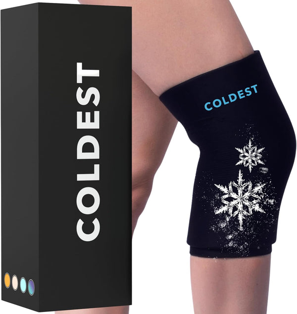Coldest Knee Ice Pack 360, Reusable Gel Ice Wrap for Knee Pain Relief, Compression for Injuries, Black (Medium)