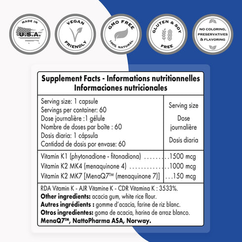 SuperSmart Complete K - K1, K2 (MK4 + MK7) Full Spectrum Vitamin K Supplement - 60 Vegetarian Capsules