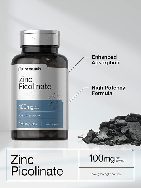 Horbaach Zinc Picolinate | 100mg | 180 Capsules - High Potency, Non-GMO, Gluten Free