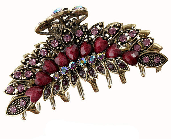 Women Lady Retro Flowers Hair Claw Clip, Vintage Alloy Rhinestone Non-Slip Hair Jaw Clips for Thick Hair (Purple)