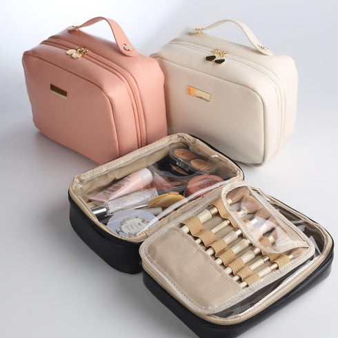 Portable Large Capacity Cosmetic Bag for Skincare Products & Makeup Brush Storage, Double Layer (White)