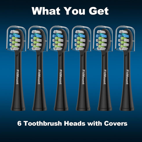 6 Pack Toothbrush Replacement Heads Compatible with WaterPik Sonic Fusion 2.0, FitMount Flossing Brush Head, Black