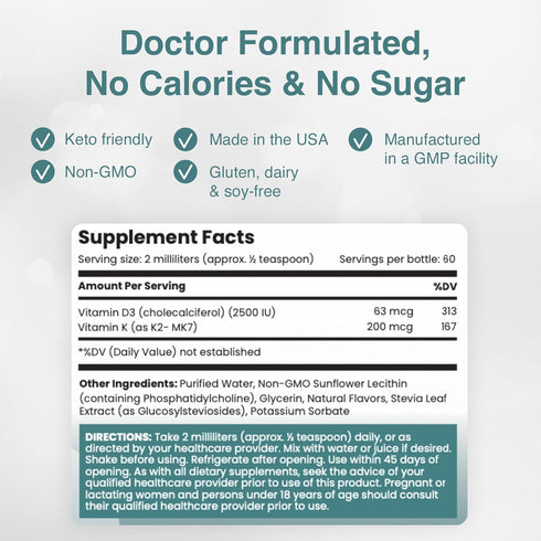 Liposomal D3K2 Ultra High Absorption Liquid Vitamins D3 and K2 Supplement, Immune System & Overall Health Support