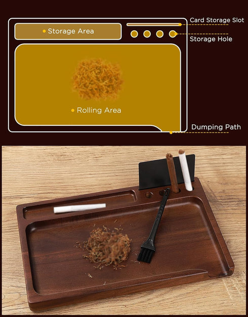 Black Walnut Rolling Tray 11"x7" with Cleaning Brush and Scoop Card, Accessories for Rolling Papers and Grinders
